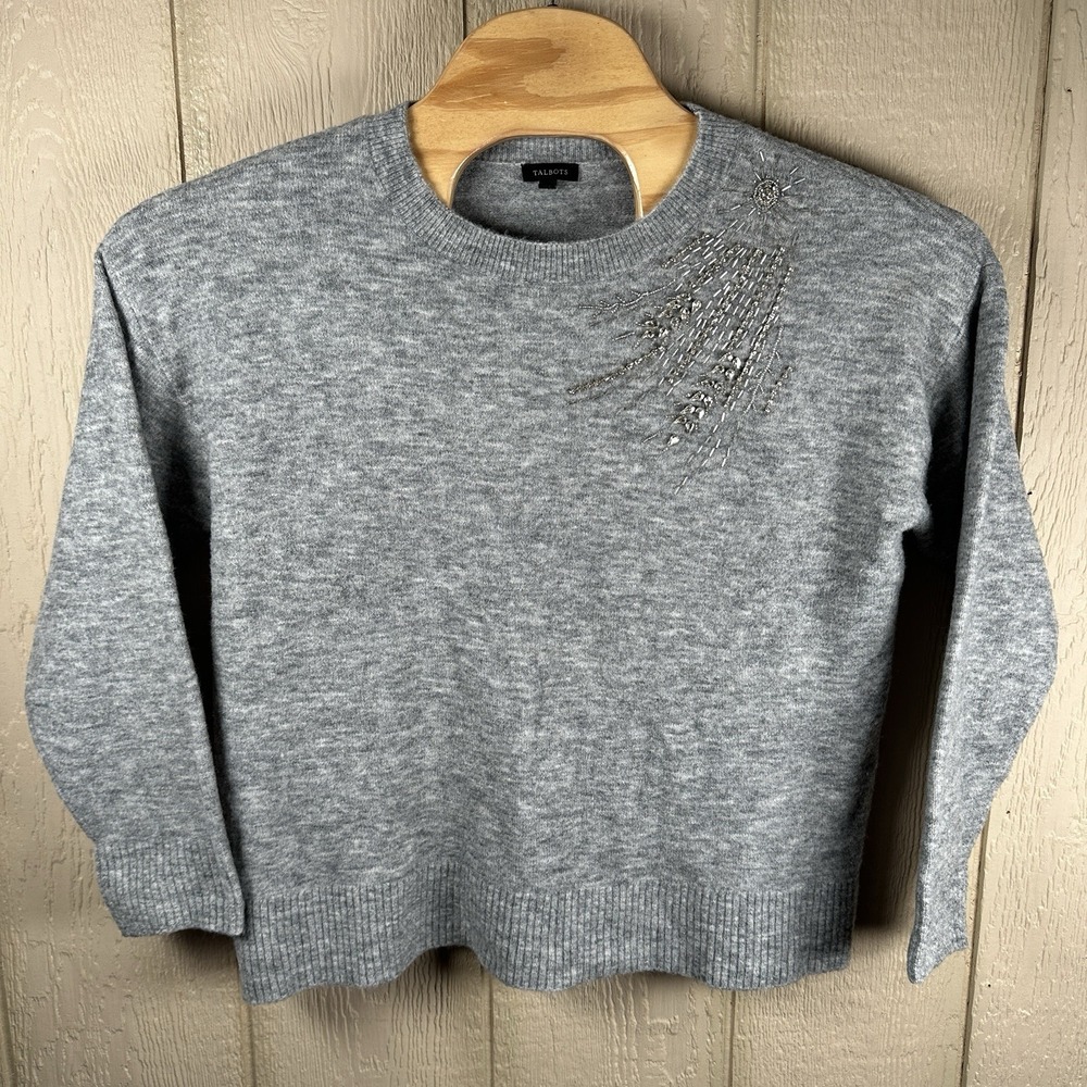 Talbots Wool Blend Embellished Sweater Womens Sz Large Beaded Gray Quiet Luxury